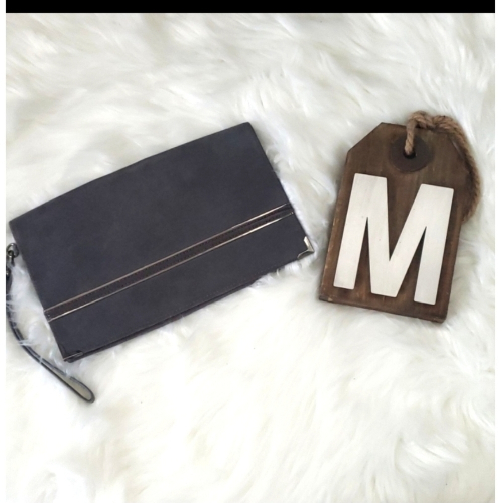 White House Black Market gray suede clutch